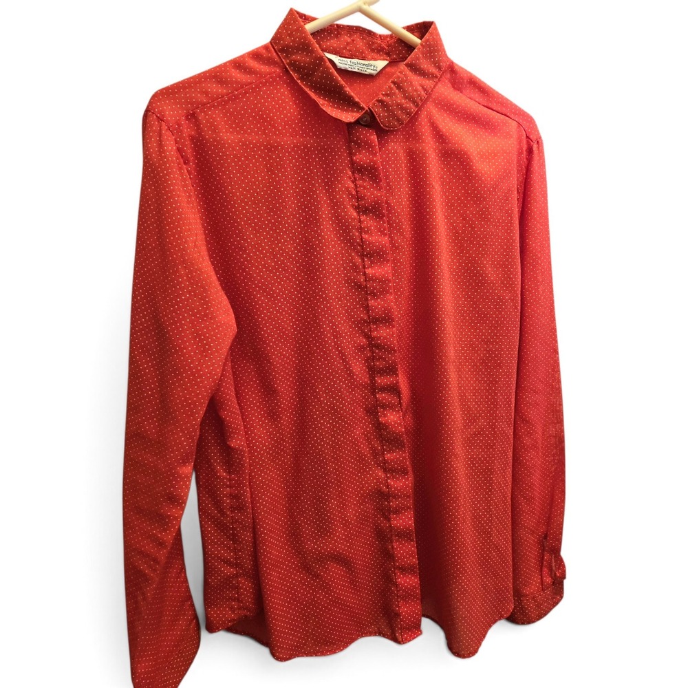 Vintage 70s Miss Fashionality Red Polka Dot Blouse Peter Pan Collar Women's L/XL